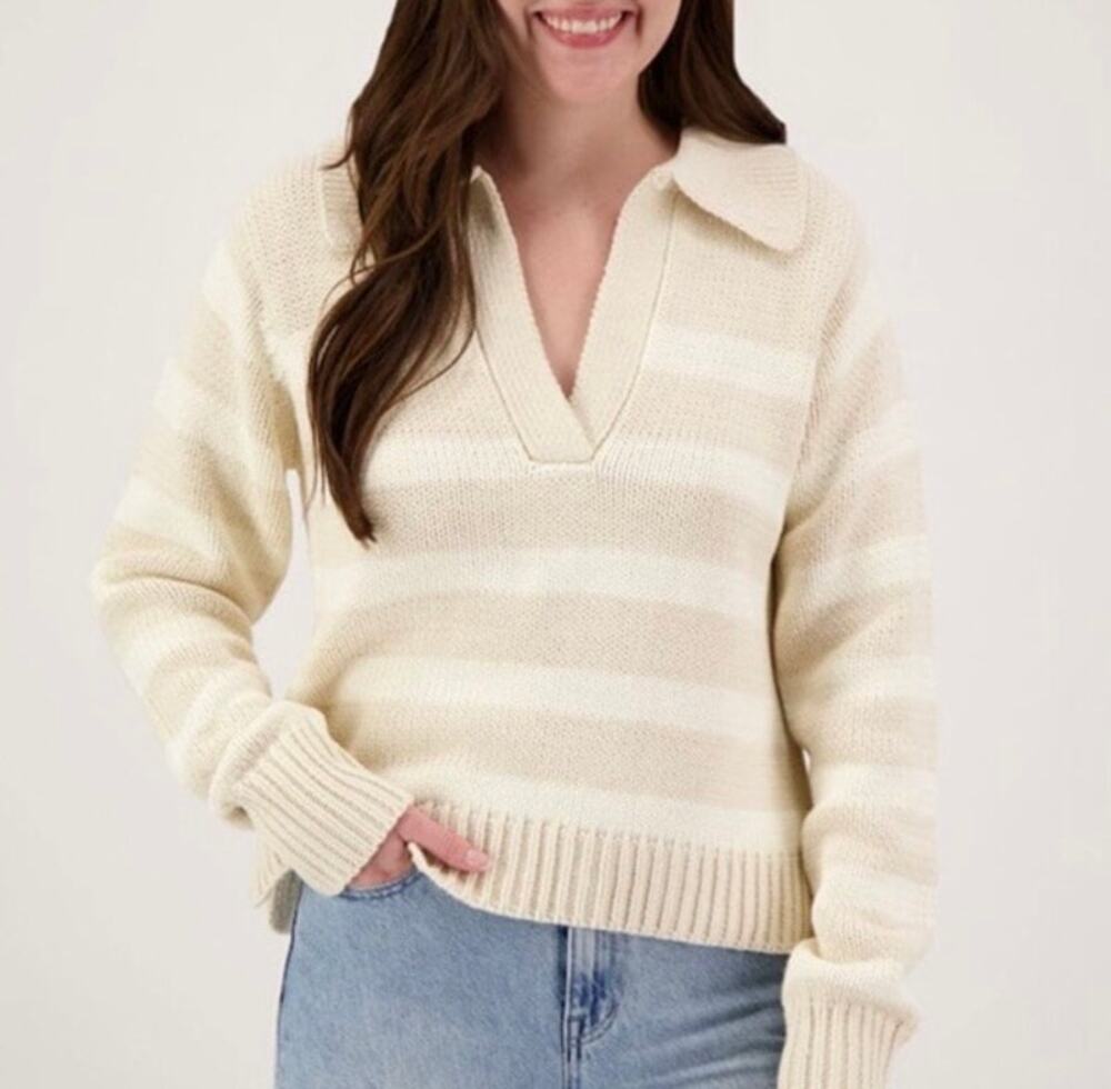 By Together Sz S Hayley Neutral Striped Collared Polo Sweater
